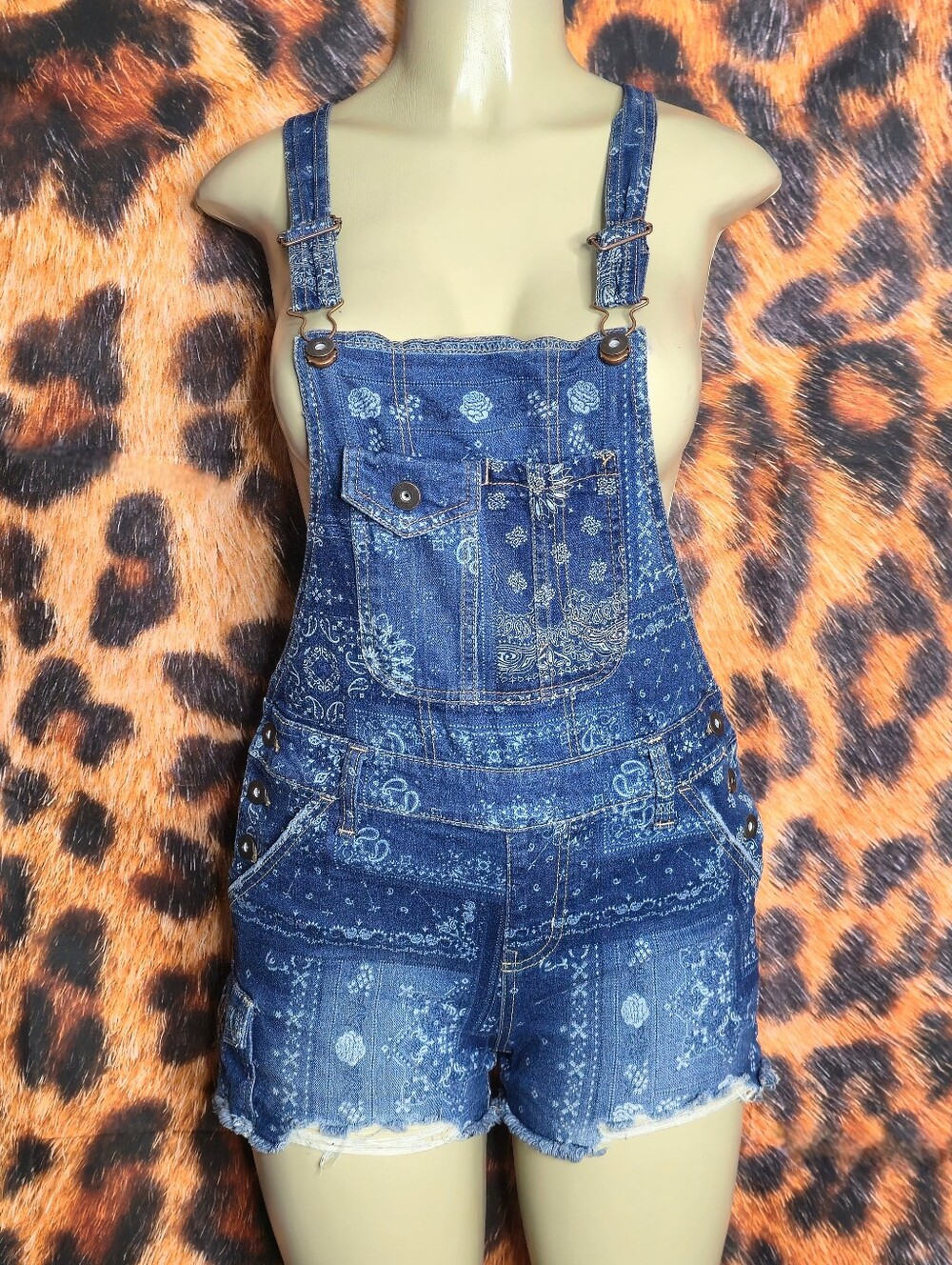 Blue Paisley Denim Short Overalls